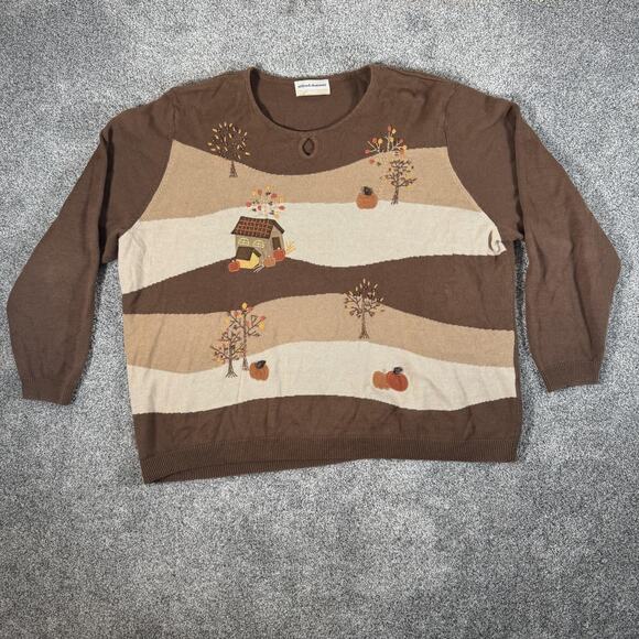 Fall Harvest Thanksgiving Sweater 3XL Pumpkins Embroidered Applique Cottagecore - Picture 1 of 15